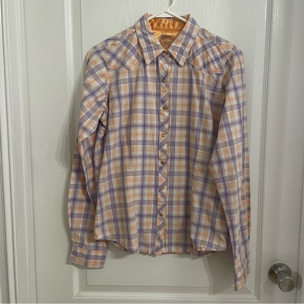 Women’s TWENTY X Plaid PEARL SNAP Shirt in Lavender and Peach Size Medium